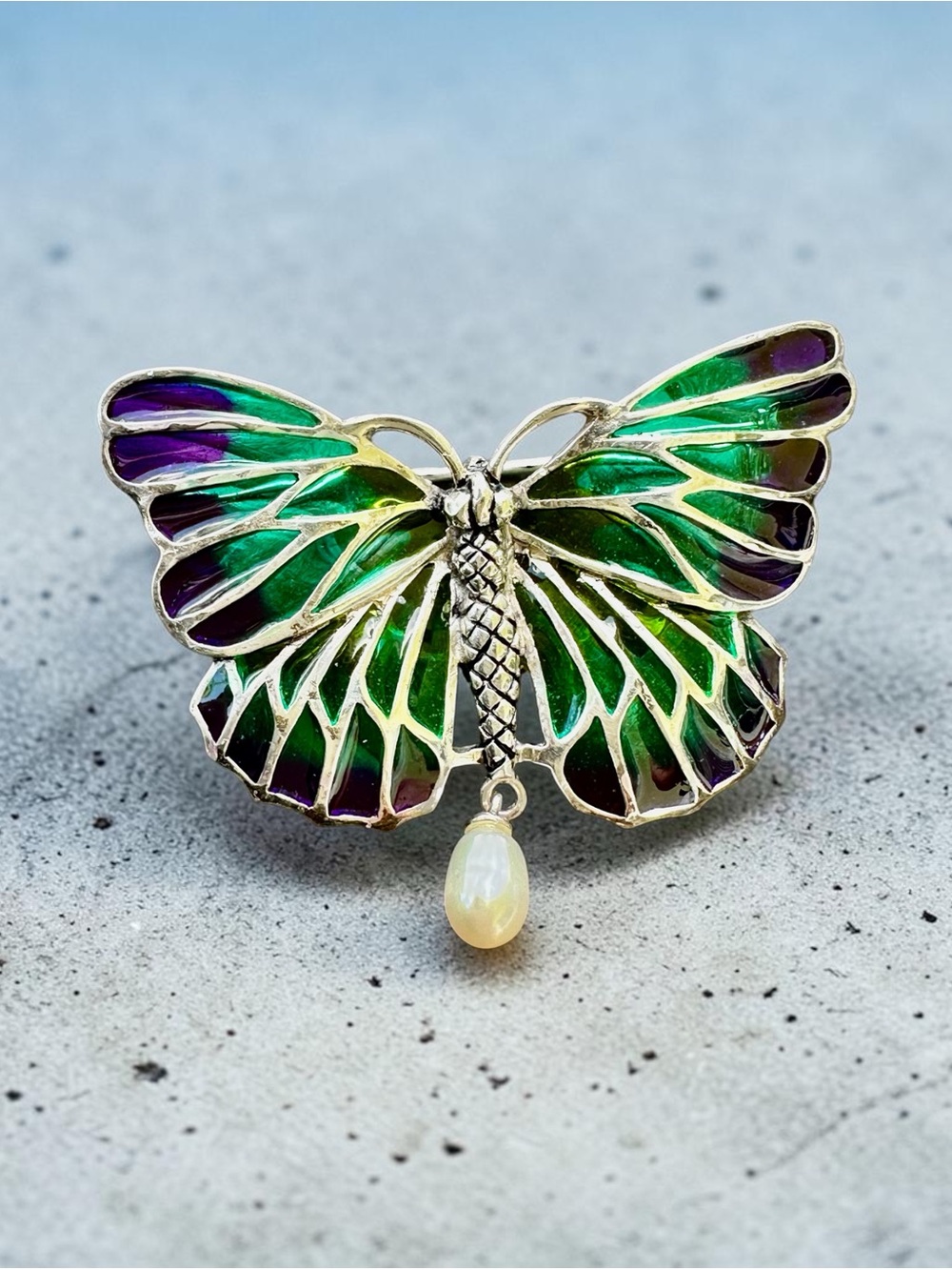 Vintage Sterling Silver Plique A Jour Butterfly Brooch with genuine Pearl